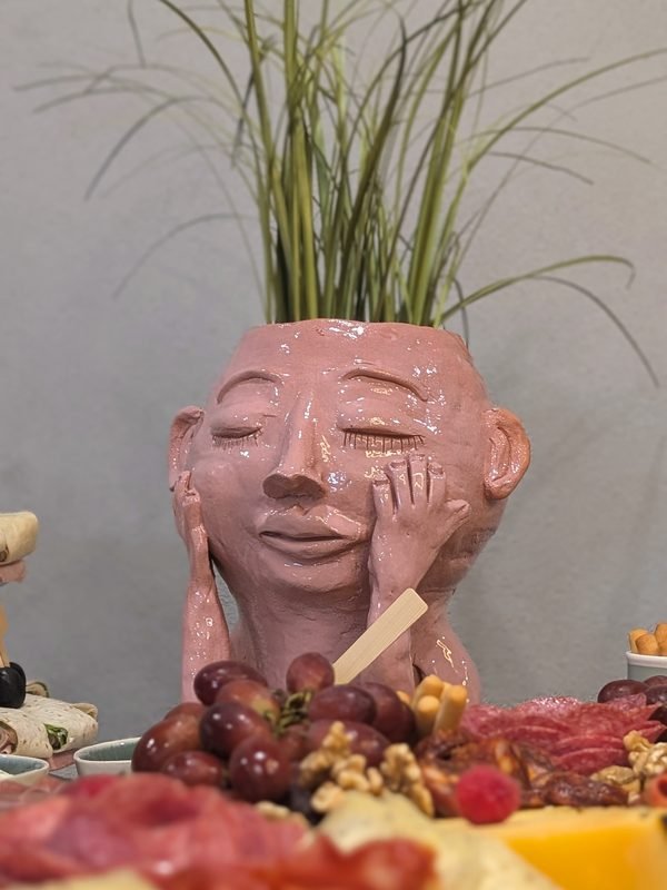Vaso de cerâmica com plantas e tábua de queijos e enchidos
